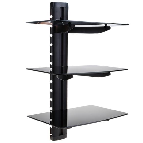 3 TIER GLASS SHELF WALL MOUNT UNDER TV CABLE BOX COMPONENT DVR DVD