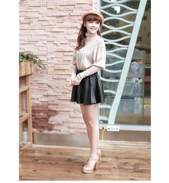 Women Faux Leather Mini Skirt High Waisted Flared Pleated Skater Short 2 Colors 