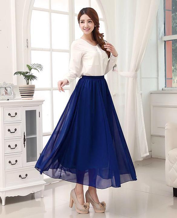 Womens Double Layer Chiffon Elastic Waist Chiffon Long Pleated Maxi Skirt Dress Ebay 8788