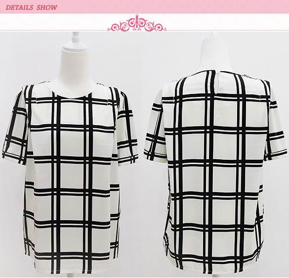 grid simple casual black white plaid sleeve t shirt blouse tops grid simple casual black white plaid sleeve t shirt blouse tops