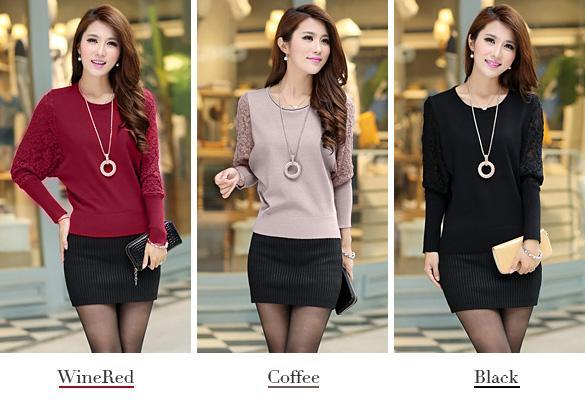 Women Loose Lace Batwing Long sleeve Crew neck Sweater Jumper Pullover