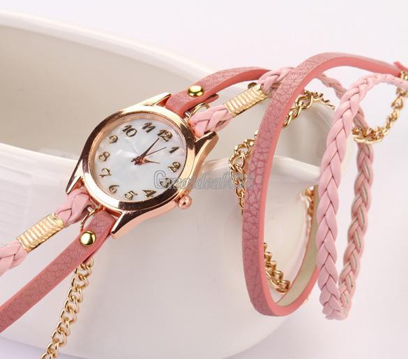 Fashion Women Girl Rhinestone Synthetic Leather Sling Chain Quartz