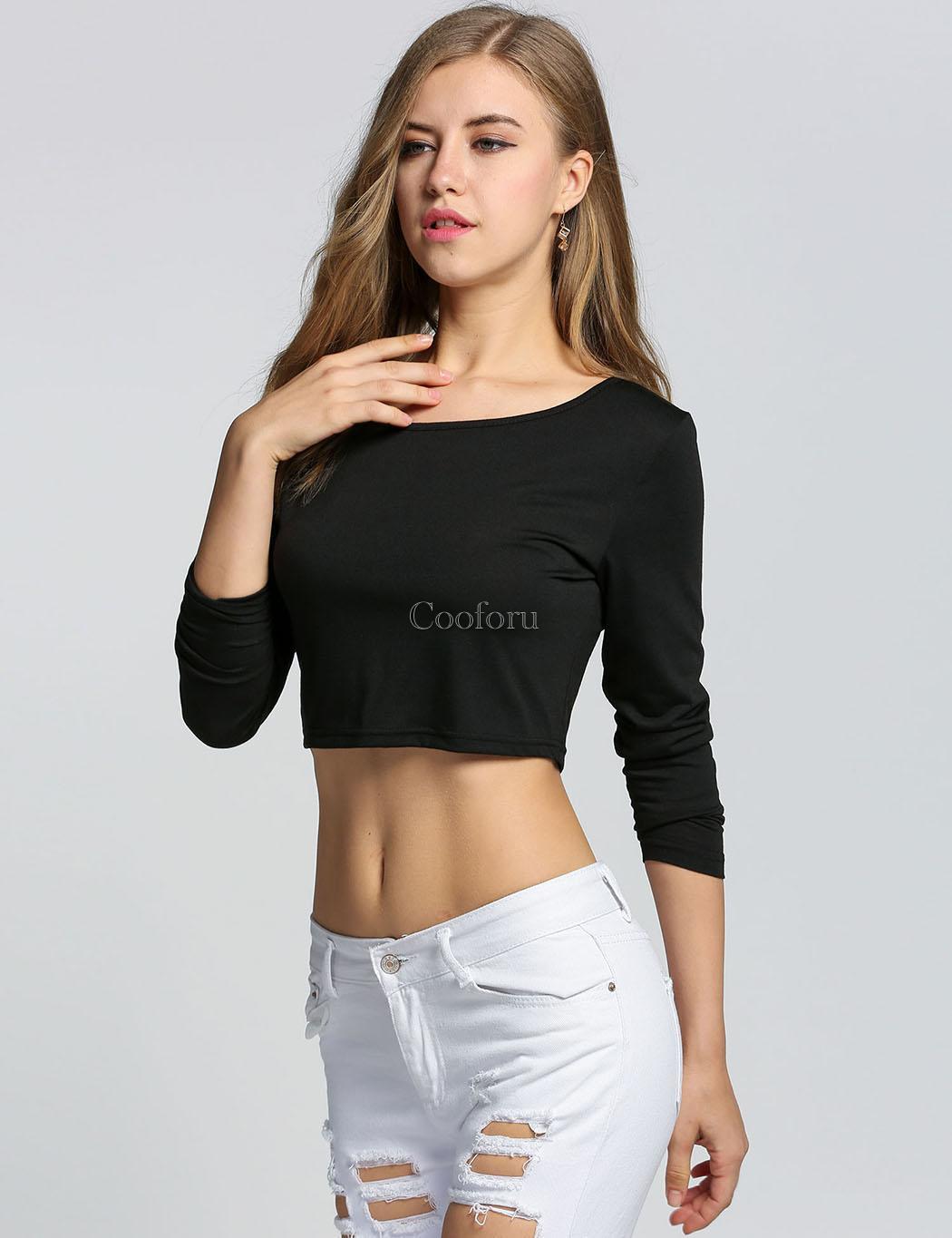 Womens Ladies Sexy Scoop Neck Tight Fitted Tops LONG SLEEVE Crop Top T
