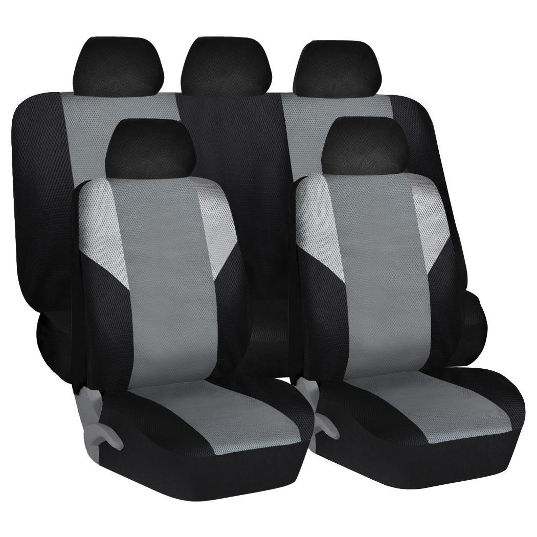 Hot Black and Gray Car Seat Covers Mesh & Cloth Fabric Grey Full Set