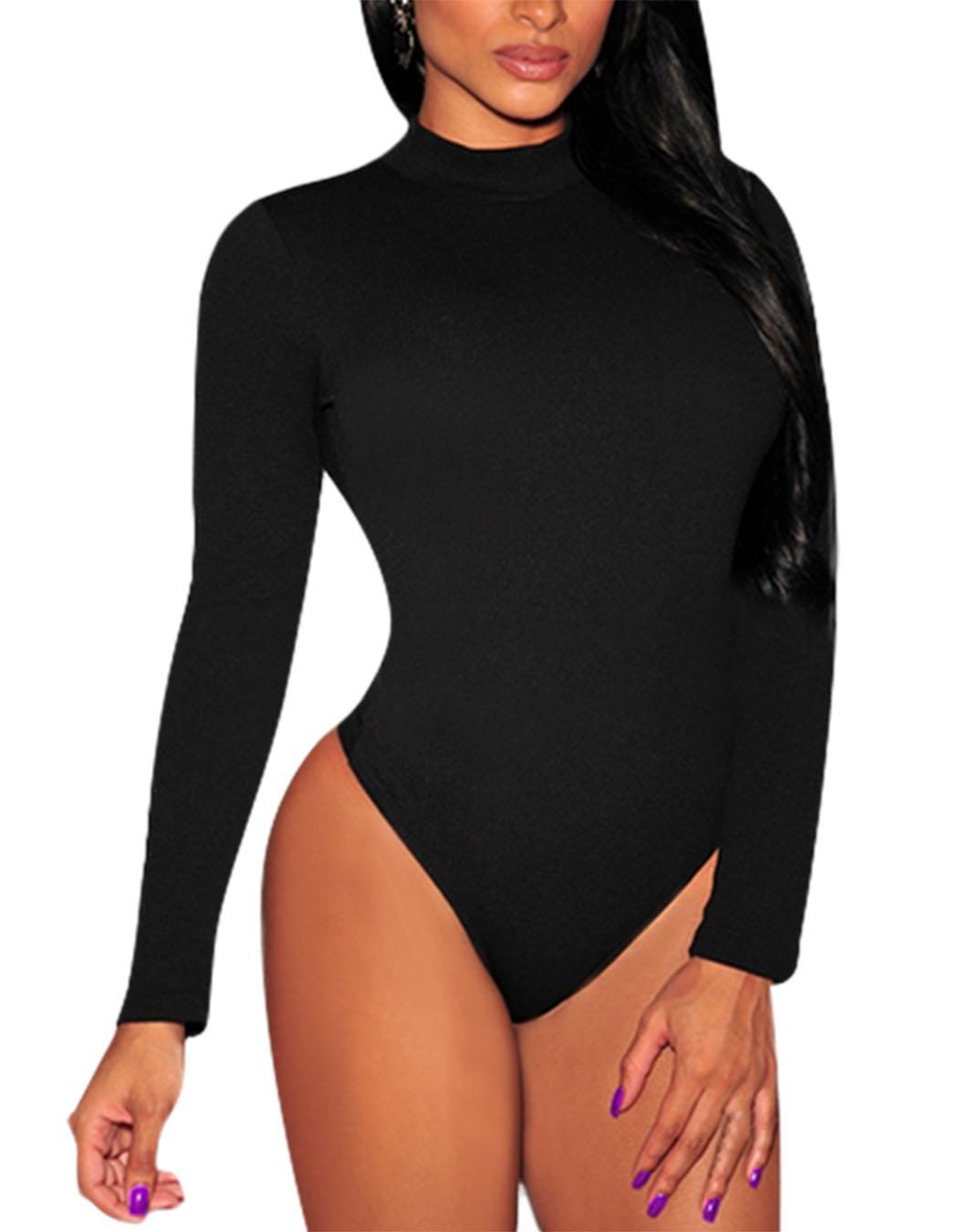 Femme Body Top Justaucorps Sexy Décolleté Doré Manches Longues Col Roulé TShirt Femme Body Top Justaucorps Sexy Décolleté Doré Manches Longues Col Roulé TShirt