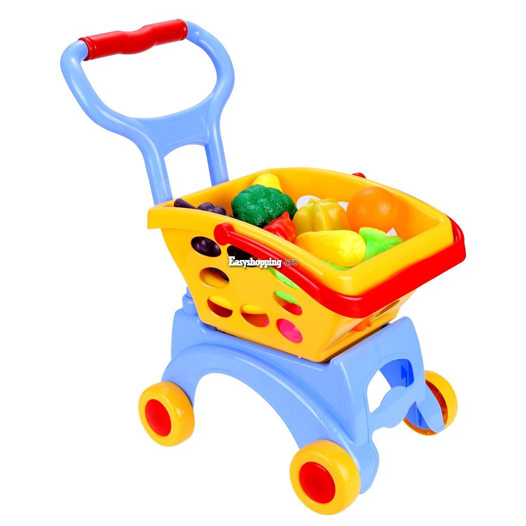 Unisex 14PCS Children Supermarket Shopping Cart Toys Arshiner 4 Wheels
