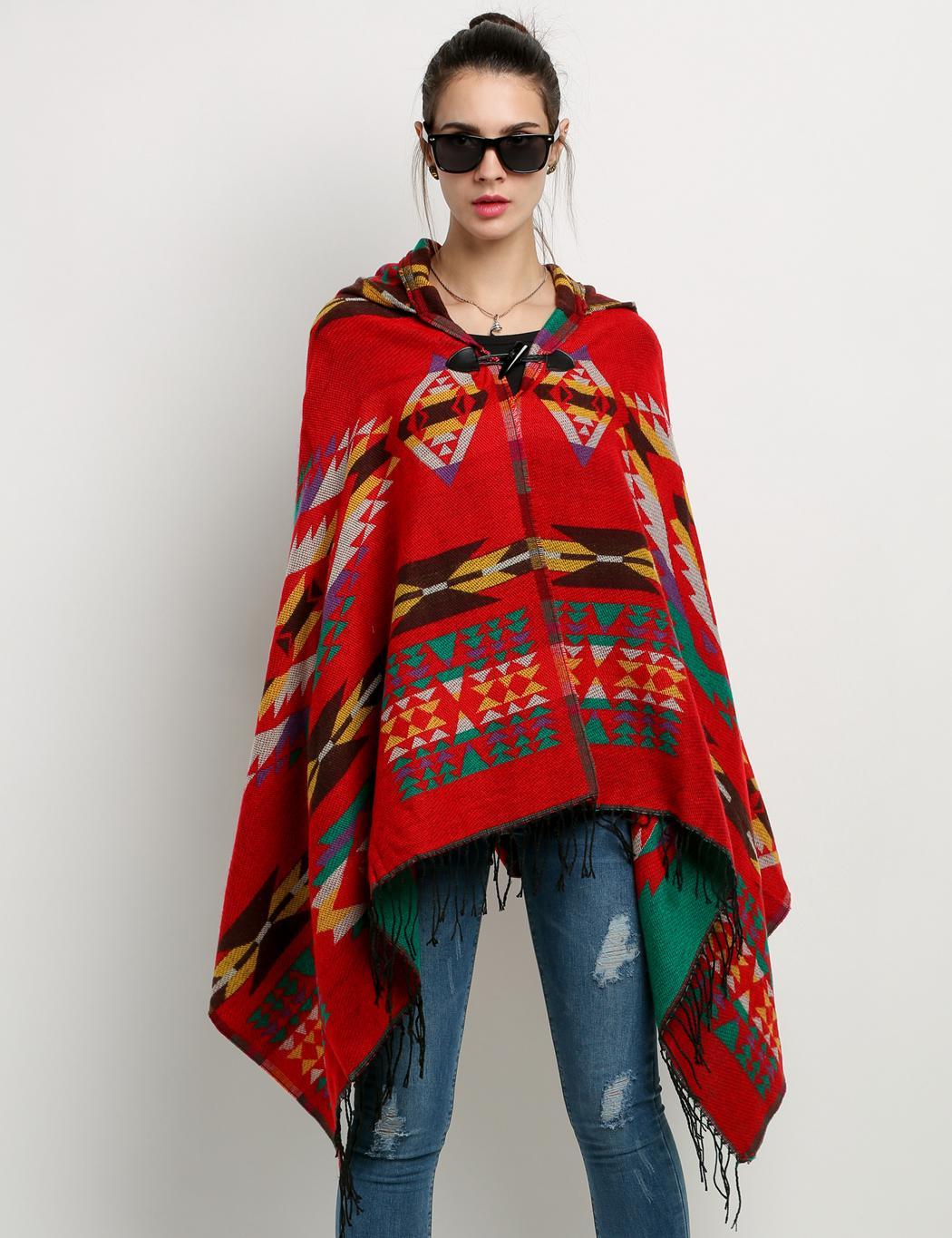 Women Wool Blend Hooded Blanket Cloak Poncho Cape Outwear Coat Shawl