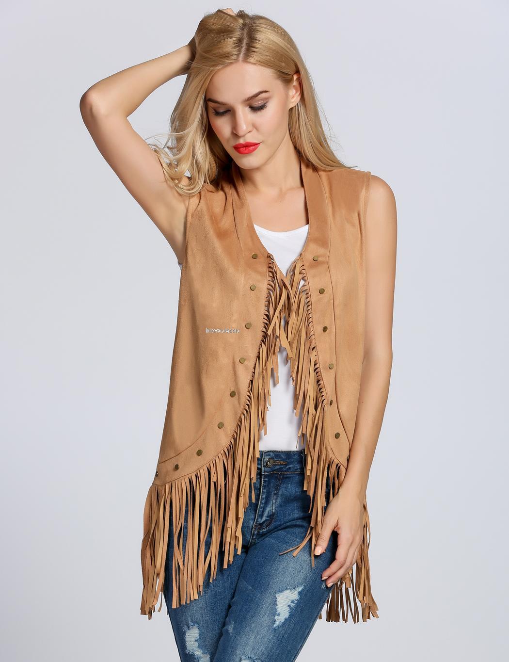 Women's Faux Suede Sleeveless Tassel Fringed Jacket Vest Waistcoat