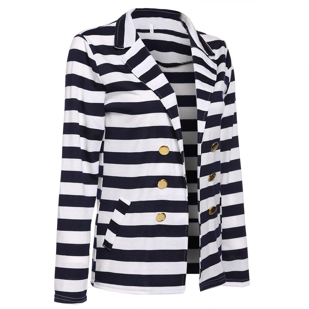 Ladies Womens Blue & White Striped Cropped Waterfall Coat Casual Jacket