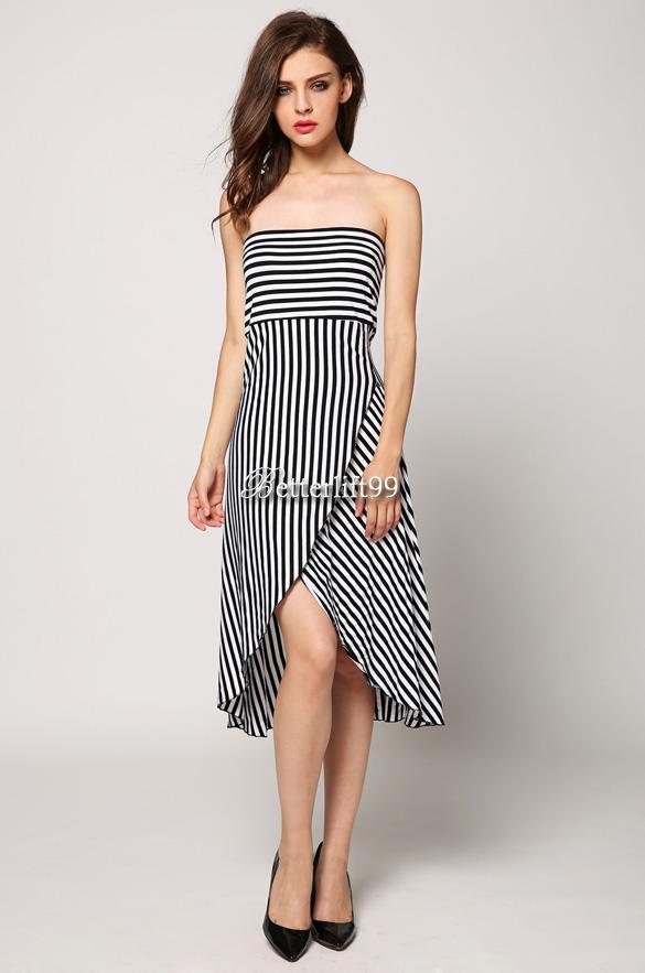 Irregular Strapless Striped Womens Dress Front Split Sundress Cocktail 