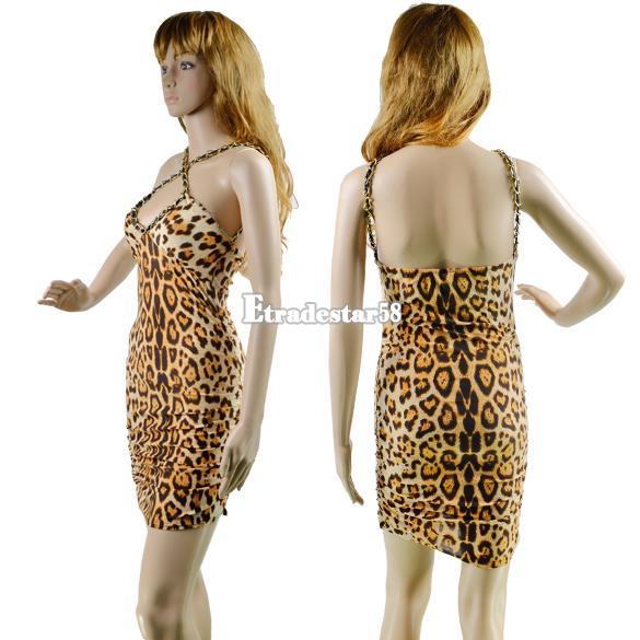 Sexy Women Leopard Slim Metal Chain Halter Backless Cocktail Party Mini Dress Et