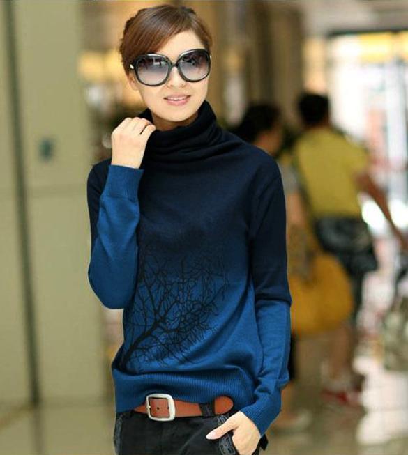 Women Turtleneck Branch Print Gradient Color Knitting Wool Pullover ...
