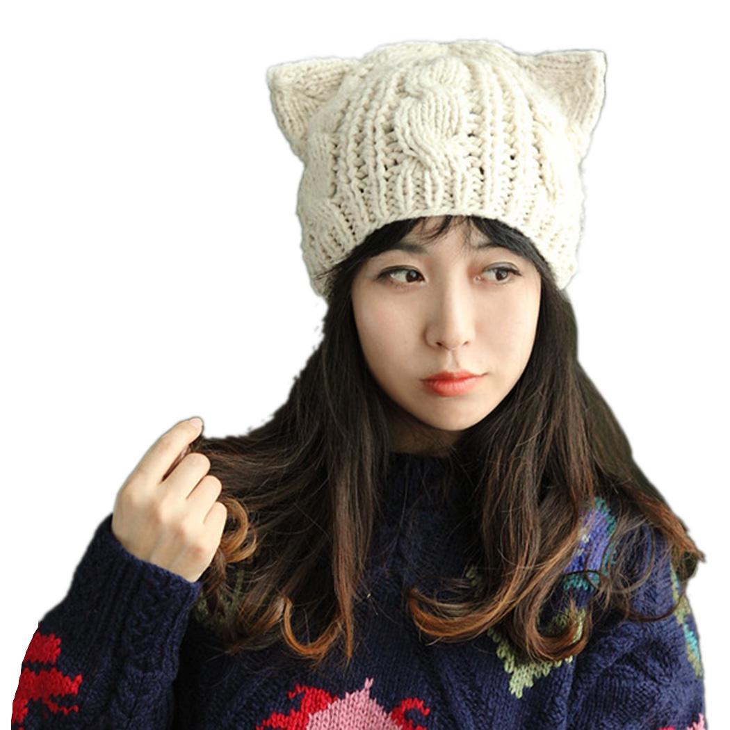 Korean Women Devil horns Cat Ear Crochet Braided Knit Ski Beanie Wool ...