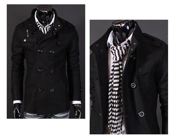 VE4A Men Slim Warm Jacket Stylish Woolen Double Pea Trench Coat Outwear ...