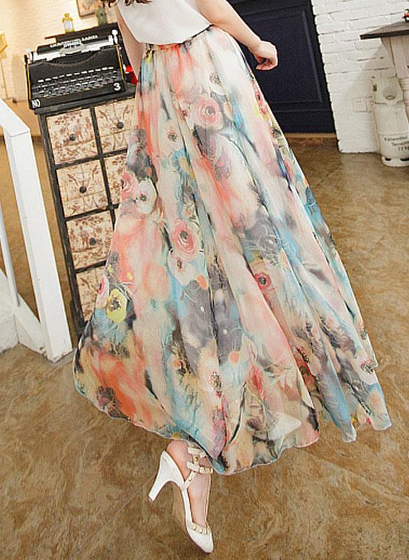 Vintage Womens Soft Chiffon Floral Elastic Waist Maxi Full Boho Skirt ...