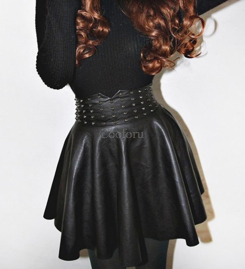 Women Sexy High Waist Faux Leather Flared Pleated Skater Dress Short ...