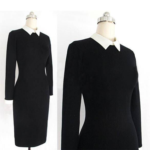 Black White Stitching Women Elegant Stand Collar Lapel Long Sleeve ...