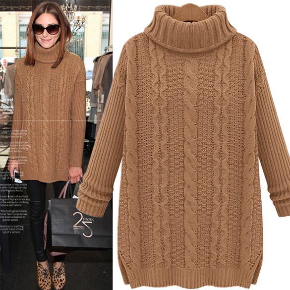 Women Chunky Collared Pullover Cable Knitted Sweater Long Jumper Tops ...
