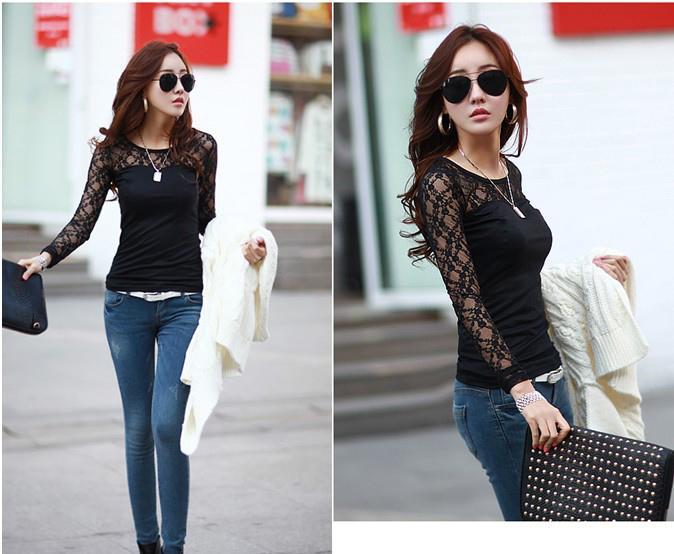 New Sexy Womens Lady Crew Neck Lace Floral T-shirt Long Sleeve Shirt ...