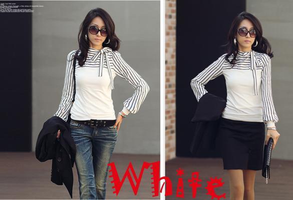 New Fashion Women Lady's Blouse T-Shirt Polo Neck Stripe Puff Long ...