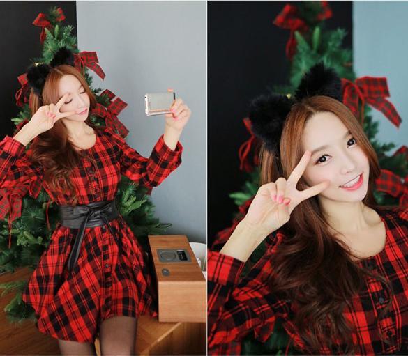 Korean Fashion Women Plaid Check Long Sleeve Christmas Party Pleated ...