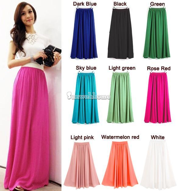 Womens Chiffon Pleated Retro Long Beach Dress Elastic Waist Skirt ...