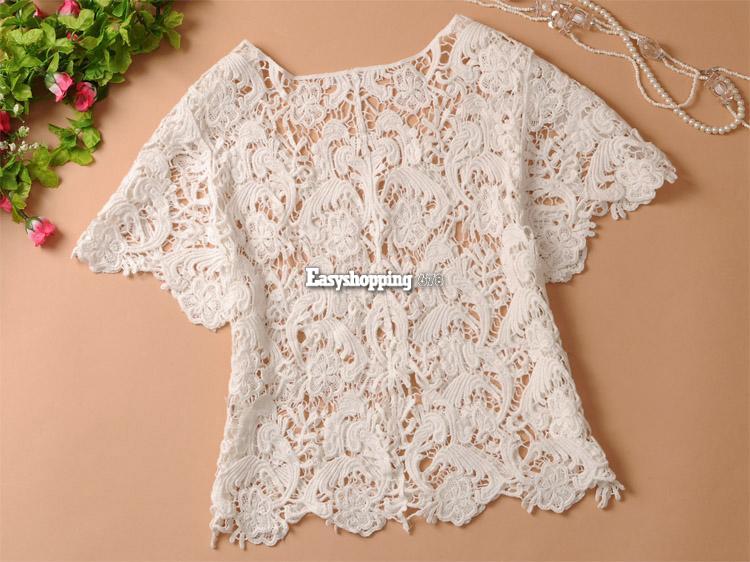Women Short Sleeve Floral Lace Crochet Floral Embroidery Tee T-Shirt ...