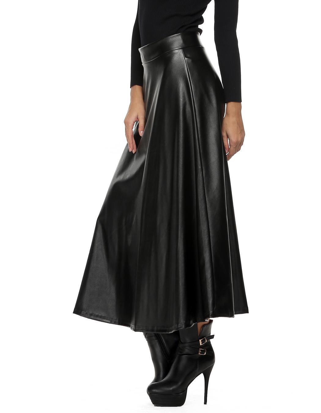 Luxury Fashion Beauty Women Faux Leather Pleated Swing Maxi Skirt High ...