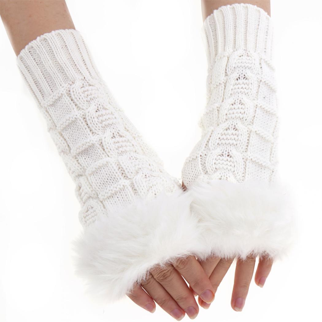 Girls Ladies Women s Wrist Gloves Fluffy Half Finger Knitting Gloves ...