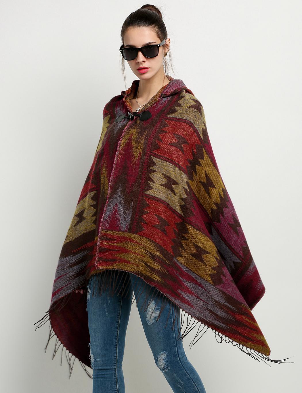 Women Wool Blend Hooded Blanket Cloak Poncho Cape Outwear Coat Shawl ...