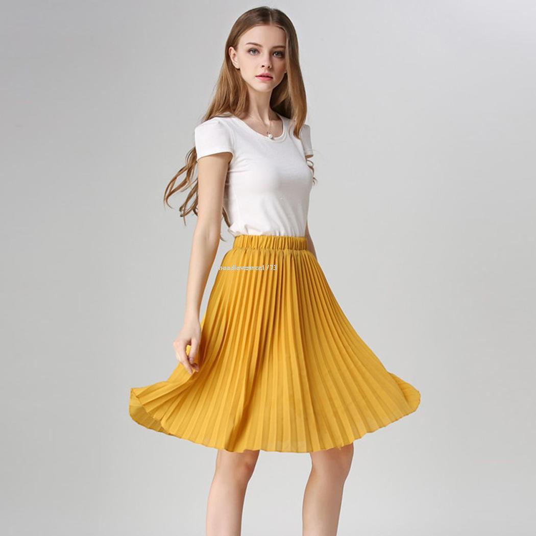 Fashion Pleated Skirt Women Ladies Casual Chiffon Elastic Waist Solid ...