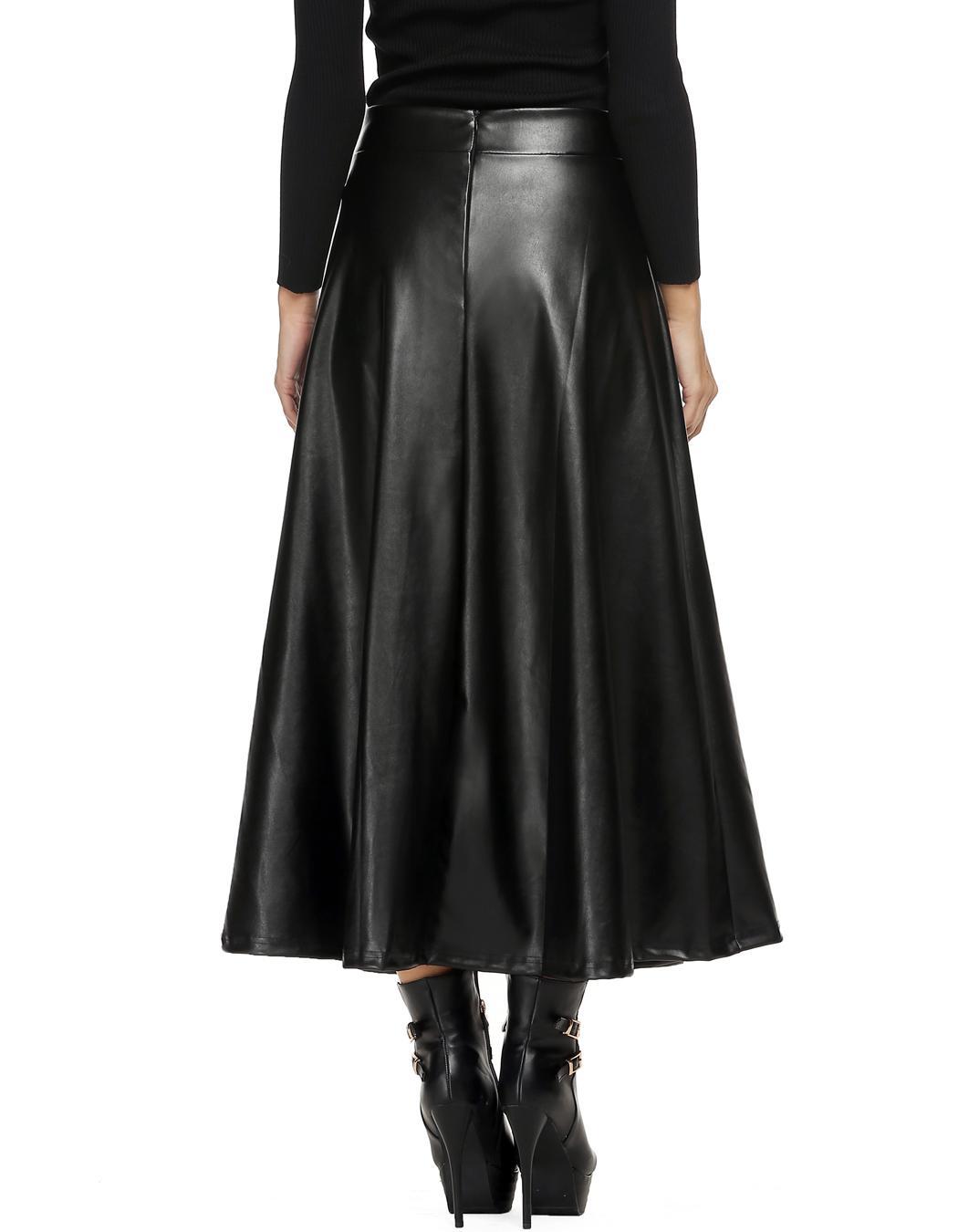 Luxury Fashion Beauty Women Faux Leather Pleated Swing Maxi Skirt High Waist WST