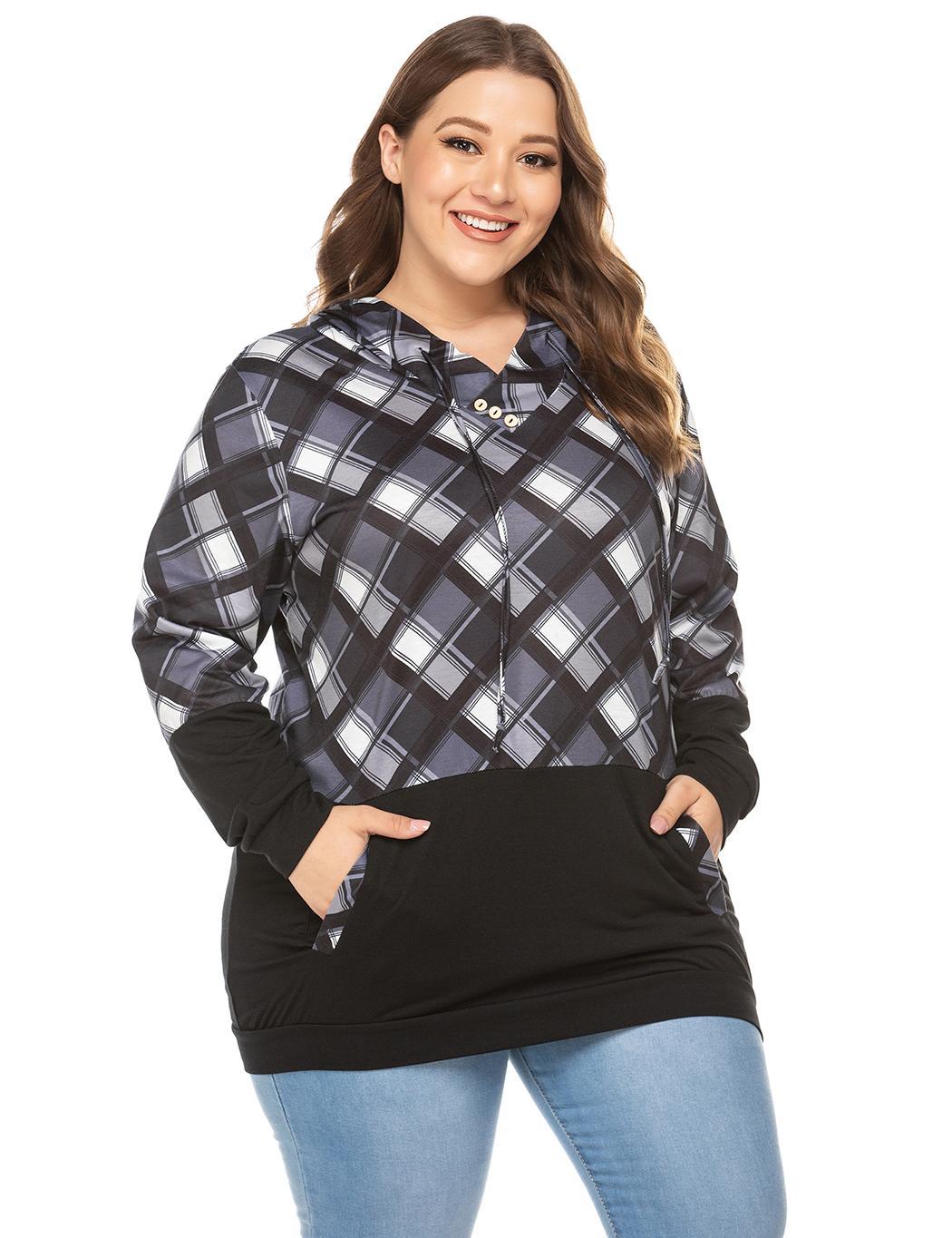 Women Casual Long Sleeve Plaid Pullover Patchwork Hooded Sweatshirt ...